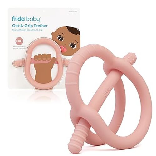 Frida Baby Get-A-Grip Silicone Teether for Teething Pain Relief, BPA-Free Food-Grade Teething Toys for Infant Baby Newborn 0-6, 12, 18 Months, Easy-Grip Teether Ring, PVC-Free, Pink