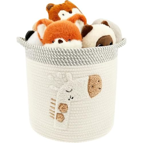Foldable Toy Storage Basket for Kid with Handle Thick Cute Woven Cotton Rope Storage Basket Store Baby Clothes Toy and Blankets Ideal for Nursery Playroom and Laundry Room(Giraffe)