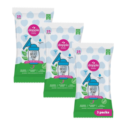 Dapple Baby Breast Pump Wipes, Powered by Plants, Hypoallergenic, Removes Milk Residue, No Rinse, Fragrance Free, 25 Count (Pack of 3)