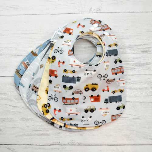Construction Vehicles Baby Bib: Organic Cotton Fleece, Multi-Snap
