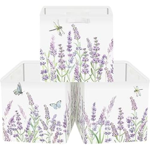 11.8" Wild Flower Storage Cube Organizer Set 3Pcs Clothes Storage Basket Bin for Closet Shelf Garden Butterfly Nursery Kid Room Book Toy Chest, Lavender