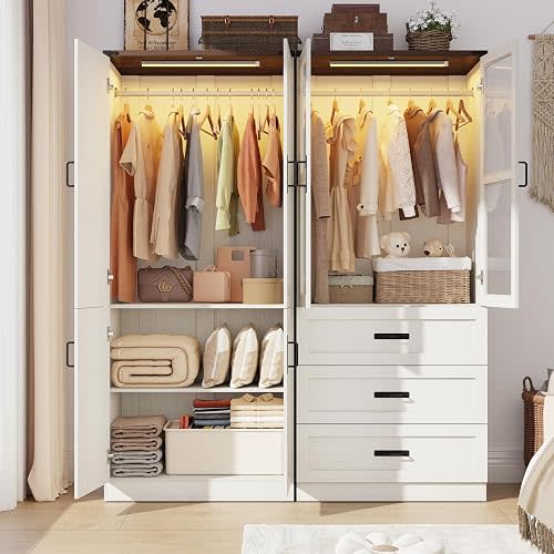 75" Tall Farmhouse 4 Doors Armoire Wardrobe Closet with 3 Drawers and LED,Freestanding Closet Wardrobe Cabinet for Bedroom with Hanging Rod,Wooden Armoire Storage Cabinet Adjustable(Rustic Off White)
