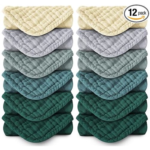 MOON PARK Baby Washcloths, 12 Pack - 12x12 Inches, Small Burp Cloths and Baby Wipes - 100% Cotton Muslin Ultra Soft for Newborn, Infant and Toddlers - Ivory, Slate and Emerald Series