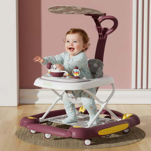 YYuan 4-in-1 Infant Walker with Music and Play Toys, Compact Folding Baby Walker with Wheels for Boys and Girls,Red