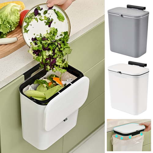 Wall-Mounted Trash Can, Large Plastic Kitchen Garbage Bin with Lid, Hanging Design Saves Space & Odor Resistant, Ideal for Small Kitchens and Household Use AKLJWH | Gray