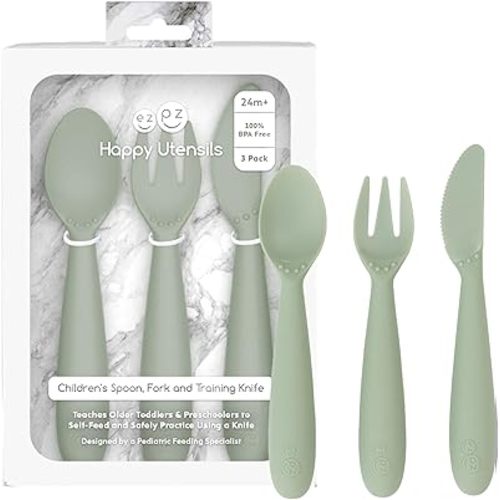 ezpz Happy Utensils (Sage) - 24 Months+ - BPA Free Toddler Utensils - Fork, Spoon and Knife for Toddlers and Preschoolers - Kids for Self-Feeding Development