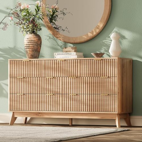 54'' Wide 7 Drawers Dresser for Bedroom,Modern Fluted Vertical Chest with Rounded Corners,Fluted Dresser for Living Room,Hallway, Natural Wood