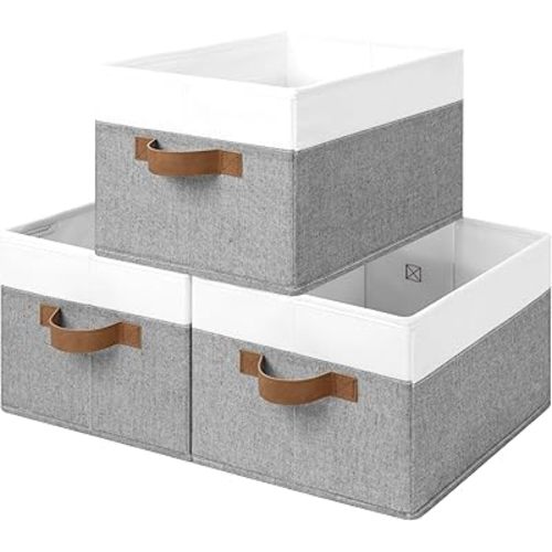 StorageWorks Fabric Shelf Baskets, Closet Organizers and Storage Basket, Foldable Storage Bins for Shelves, Clothes Storage Bins, Gray and White, 3-Pack, Large