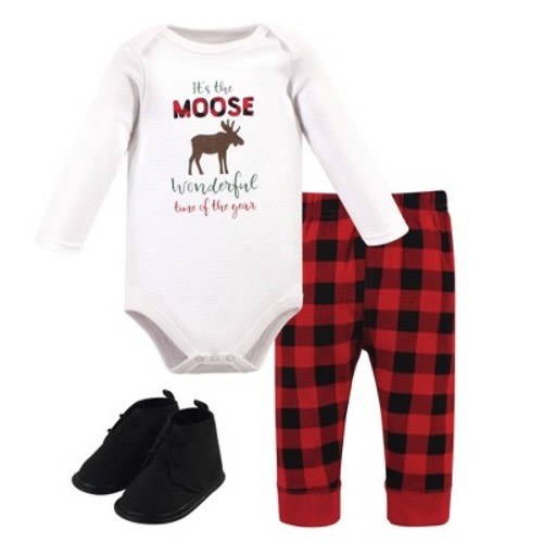 Hudson Baby Infant Boy Cotton Bodysuit, Pant and Shoe 3pc Set, Moose Wonderful Time, 0-3 Months