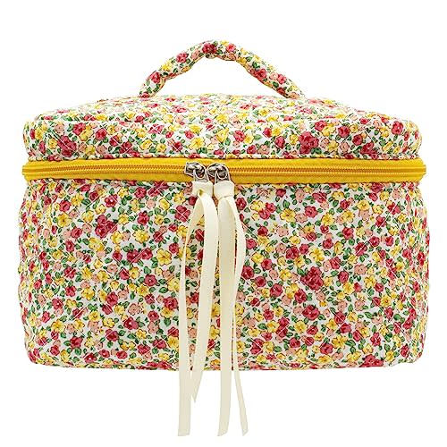 PAZIMIIK Cotton Makeup Bag for Women Large Quilted Travel Cosmetic Case Girls' Make Up Organizer,Little Flower