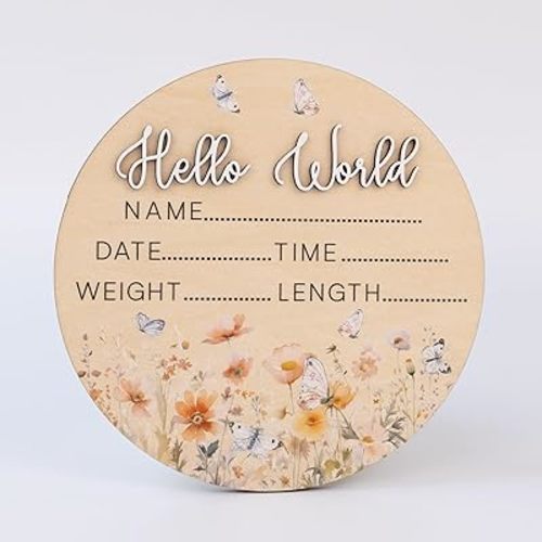 Butterfly Hello World Birth Announcement Sign ∣ Newborn Wildflower Photo Prop ∣ 6.5" Wooden Name Reveal Disc & Registry Gift