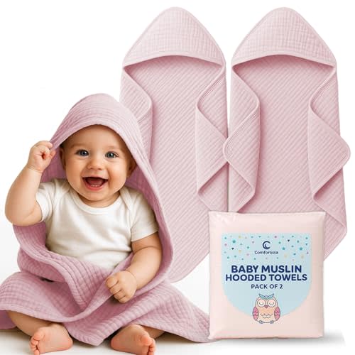 Comforista Muslin Hooded Baby Towels Set of 2 Pink Baby Bath Towel 32x32 Inches Ultra Soft, Absorbent, Quick Dry, Gentle on Newborn Skin, Perfect, No Shrink, Fits Infants & Toddlers