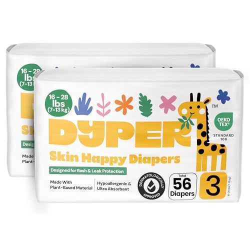 DYPER - Pack of 2 Baby Diapers Size 3 (56 Count) - Leak Proof, Plant Based, Hypoallergenic & Ultra Absorbent Disposable Diaper for Day & Overnight, Skin-Friendly Comfort Size 3 Diapers (16-28 lbs)