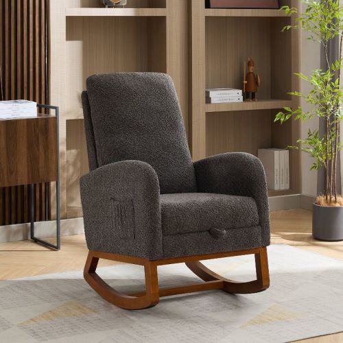 Hrinhom Modern Rocking Chair for Nursery,Boucle Accent Armchair With Retractable Footrest