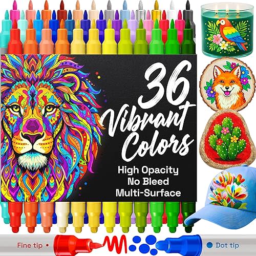 ARTISTRO 36 Acrylic Paint Markers for Rock, Fabric, Wood, Glass, Eggs - Dual-Tip Paint Pens for Coloring Books for Adults, Teens, Kids - Art & Craft Supplies - Gift Idea - Easter Basket Stuffers