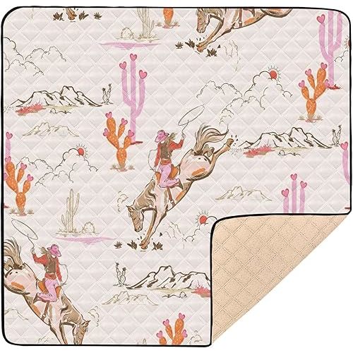 Cute Rodeo Cowgirl Baby Play Mat 50x50 Inch One-Piece Soft Crawling Mat Waterproof Playmat with Non-Slip Bottom for Babies, Toddlers, and Infants