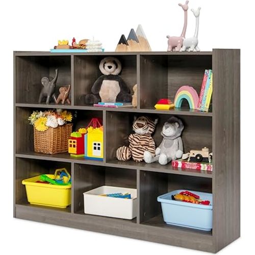 Costzon 3-Shelf Bookcase for Kids, Wooden Toy Storage Organizer for Books Toys, 8-Section Freestanding Classroom Daycare Montessori Bookshelf for Preschool, Home Playroom & Kindergarten (Grey)