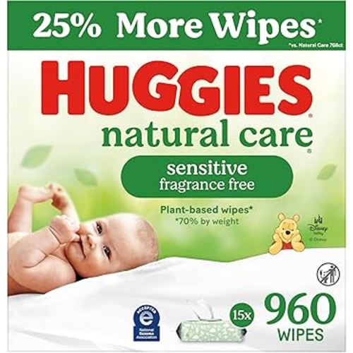 Huggies Natural Care Sensitive - Toallitas para bebé, sin perfume, hipoalergénicas, 99 % de agua purificada, 15 paquetes abatibles (960 toallitas en total)