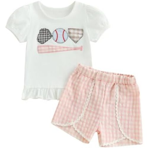 fhutpw Toddler Baby Girls Summer Clothes Smocked Short Sleeve T-Shirt Tops Ruffled Plaid Short Sets Cute Outfits 2Pcs
