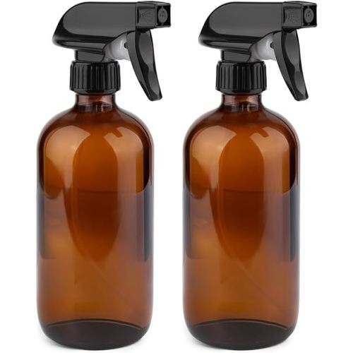 GLING 16 oz 2 Pack Amber Glass Spray Bottles, Refillable Empty Dark Glass Spray Bottle Great for Cleaning Solutions, Essential Oils, Hair, and Plants, Adjustable Nozzle for squirting and Mist