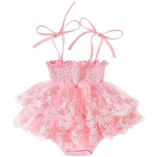 Newborn Baby Girl Romper Dress Sleeveless Tie Up Hem Lace Flower Embroidery Jumpsuit Infant Summer Clothes