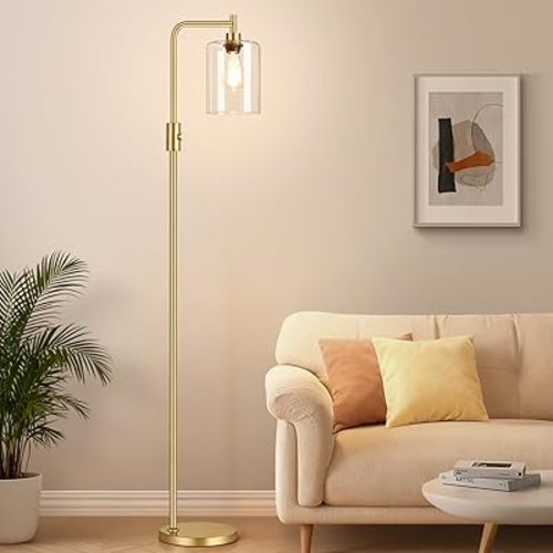 【Upgraded】Dimmable Gold Floor Lamp for Living Room with Clear Glass Lampshade, Glass Modern Floor Lamp with 900LM Edison Bulb Included, Standing Tall Lamp for Bedroom, Office, Reading Room, Corner