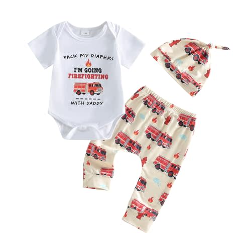 Newborn Baby Boy Outfits I’m Going Firefighting With Daddy Fire Truck Romper Pants Set Firefighter Clothes 3PCS