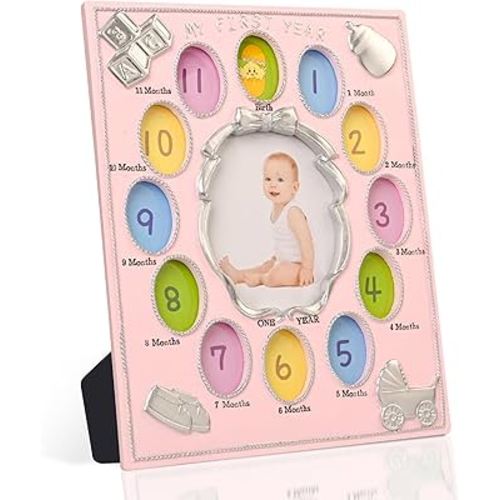 My First Year Photo Frame – Baby's Monthly Milestone Memory Display | Classic Baby Picture Frame Keepsake for Boys & Girls | 12 Monthly Photo Slots in Pink | Nursery Wall Décor