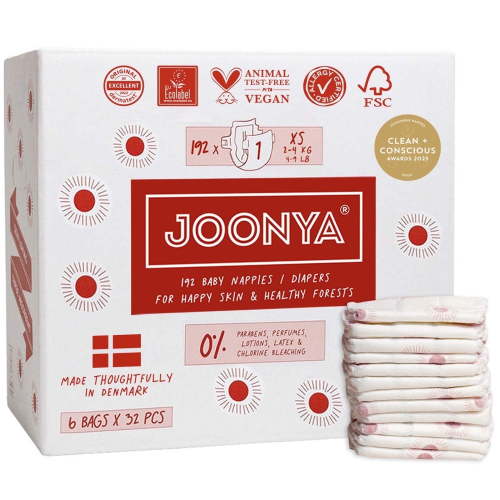 Joonya Baby Diapers - NonToxic, Eco-Friendly, Ultra Slim, Overnight Use - Bulk Disposable Eco Diapers - Made in Denmark - Size 1 XS (4-9 lb) - 6 Bags of 32 (192)