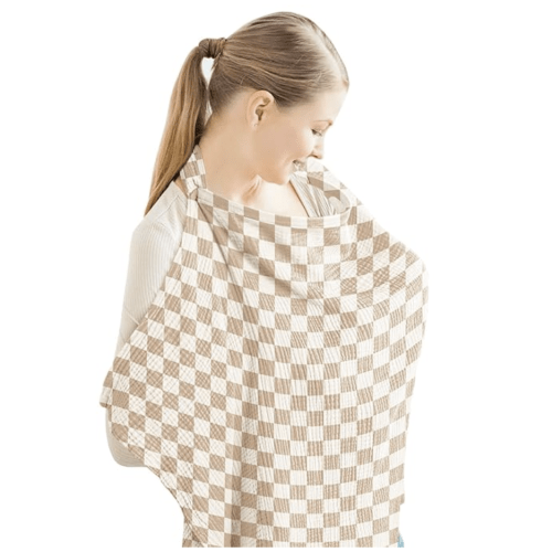 Konssy Muslin Nursing Cover for Baby Breastfeeding, Breathable 100% Cotton Breastfeeding Cover with Rigid Hoop for Mother Nursing Apron, Multi-use Carseat Canopy (Coffee Check)