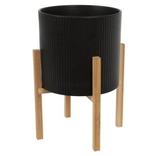 Ribbed Ceramic Planter With Wood Stand