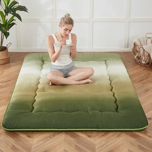 Japanese Floor Mattress, Futon Mattress with Portable Storage Bag and Washable Cover, Roll Up Thick Tatami Mat Suitable for Camping, Guest Room, Black, Full