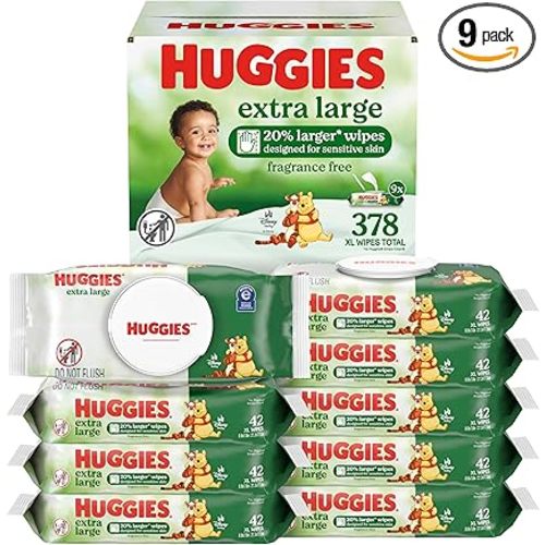 Huggies Extra Large Baby Wipes, Unscented, 9 Flip-Top Packs, 378 XL Wipes Total, Packaging May Vary