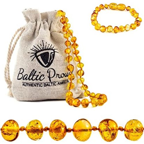 Baltic Proud Amber Necklace and Bracelet Gift Set (Unisex Honey 12.5 Inches/5.5 Inches) - Certified Premium Quality Raw Baltic Sea Amber