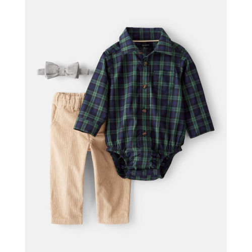Baby Boy 3-Piece Plaid Print Cotton Bodysuit, Bowtie & Pant Set - Green/Tan - Carter's | Carter's