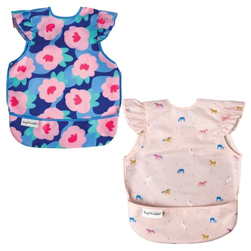 Tiny Twinkle Mess Proof Baby Bibs | 2 Pack Waterproof Toddler Bib for Eating | Baby Apron for Feeding, Machine Washable, Perfect Shower Gift (Blue Floral,Unicorn, 6–24M)