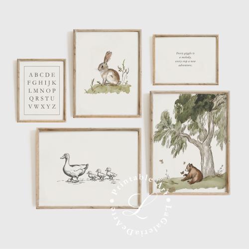 Timeless Nursery Gallery Wall | Woodland Nursery Decor | Vintage Wall Art Prints for Kids Room | Rustic Playroom Wall Art | Set of 5
