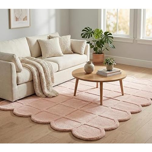 Selena Scallop Wool Area Rug – Hand-Tufted, Scalloped Edge, Modern Plaid Checkered Grid Pattern – Soft Plush Textured Carpet for Living Room, Bedroom, Nursery Home Décor (Pink, 6' x 9')