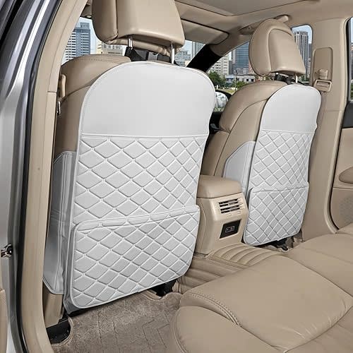 Seat Back Protector + Large Capacity Pocket Storage Organizer,Preventing the Impact of Children Stepping on the Seat Backrest (Cream White)