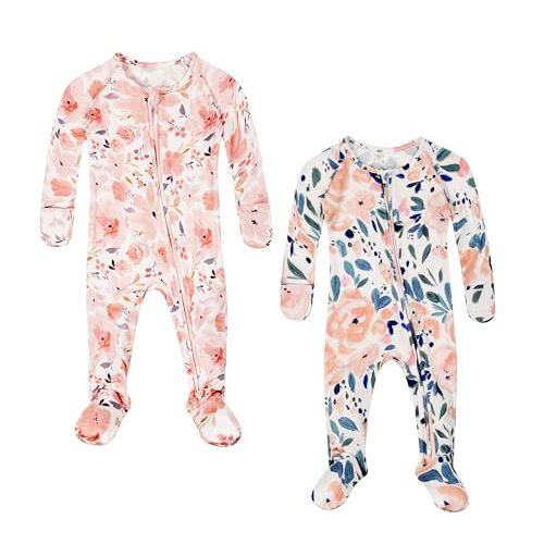 Vollmic Baby Girls Footie Pajamas 0-9 Months Rayon derived from Bamboo Floral Printed Sleepers for Newborn Girl 2 Packs
