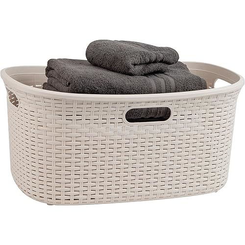 Mind Reader 40L Laundry Basket, Clothes Hamper, Lid, Wicker Design, Plastic, 23"L x 14.25"W x 11"H, Ivory