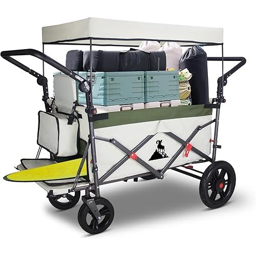 Foldable Wagon with Canopy - Collapsible Utility Cart with 2 Seats & Belts, Adjustable Handle, Expandable Front for Camping, Picnic, Shopping (Beige/Green)