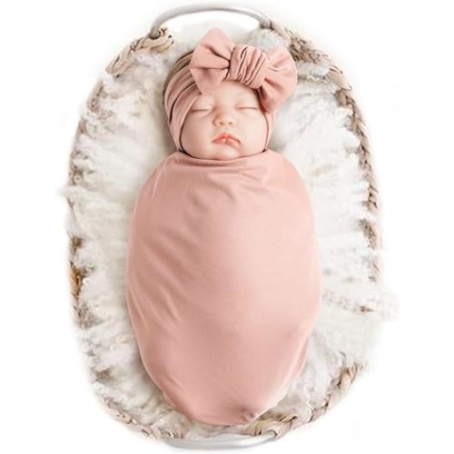 Konssy Baby Blanket & Headband Set, 32 x 32 Inch Swaddle Receiving Blanket