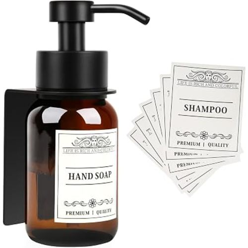 Glass Soap Dispenser with Pump and Wall Mount Holder,8.5 Oz Shampoo and Conditioner Dispenser with Waterproof Labels(Brown)