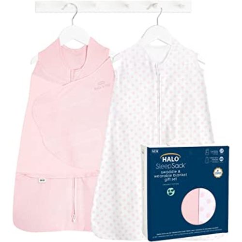 HALO Sleepsack Swaddle 3-6 Months and Wearable Blanket 6-12 Months 100% Organic Cotton 2-Piece Gift Set with Box, TOG 1.5, Strawberry