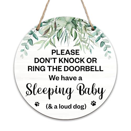 Baby Sleeping Door Sign For Front Door, Greenery Do Not Knock Or Ring Doorbell Hanging Sign For Home, No Soliciting Sign Gifts For New Parents, Dog Bark Warning Sign Decor For Babyroom Dog House -05