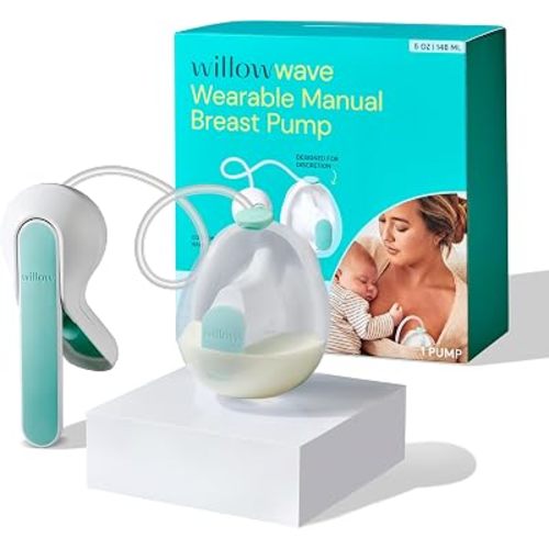 Willow Wave - Wearable Manual Breast Pump - Fits Fully in Bra - Ergonomic Handle - 24mm Soft Silicone Flange - Wearable Breastfeeding Pump - Hospital Grade Suction - Postpartum Essentials - Holds 5oz