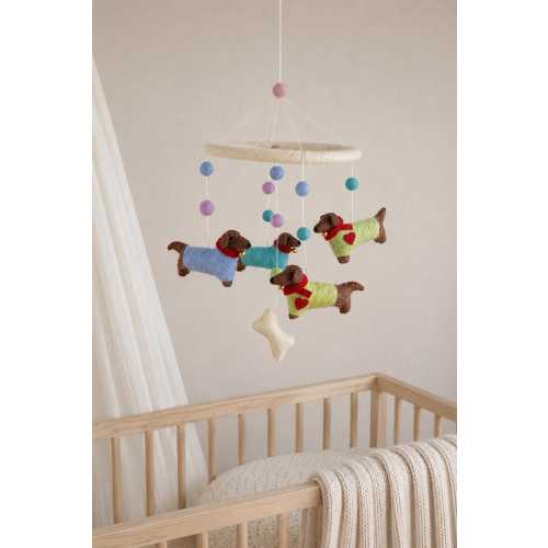 Dachshund mobile, children's room, felt, nursery, wool, sheep's wool, decoration, crib, birth, dog