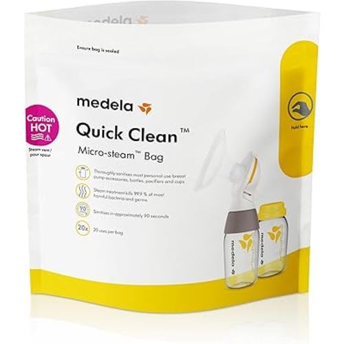 Medela Quick Clean Micro-Steam Bags for Bottles and Breast Pump Parts | Eliminates 99.9% of Common Bacteria and Germs for Easy Disinfecting of Most Breast Pump Accessories | 5 CT