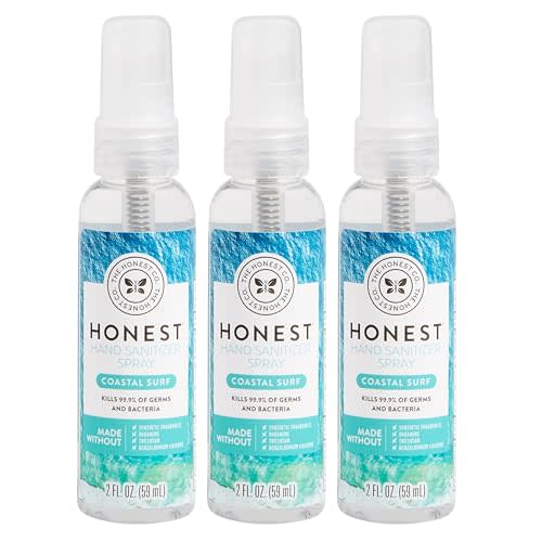 The Honest Company Plant-Based Hand Sanitizer Spray | Kills 99.9% of Germs | Hypoallergenic, Quick-drying + Moisturizing | Coastal Surf, 2 fl oz each (pack of 3)